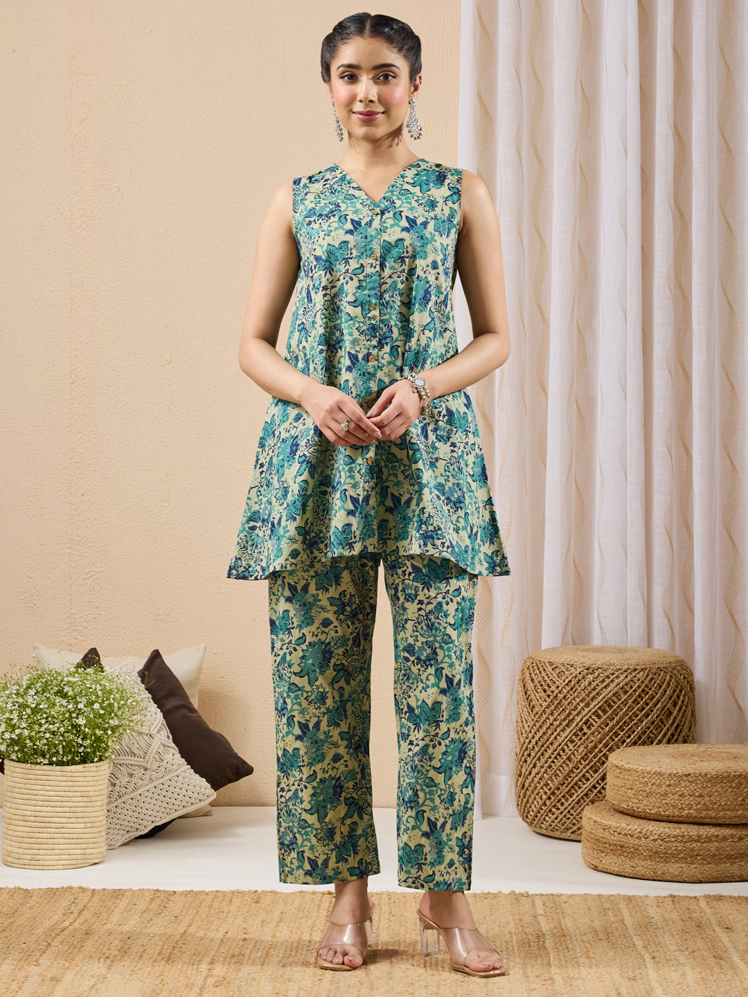 Janasya Women's Light Green Pure Cotton Floral Printed A-line Co-ord Set