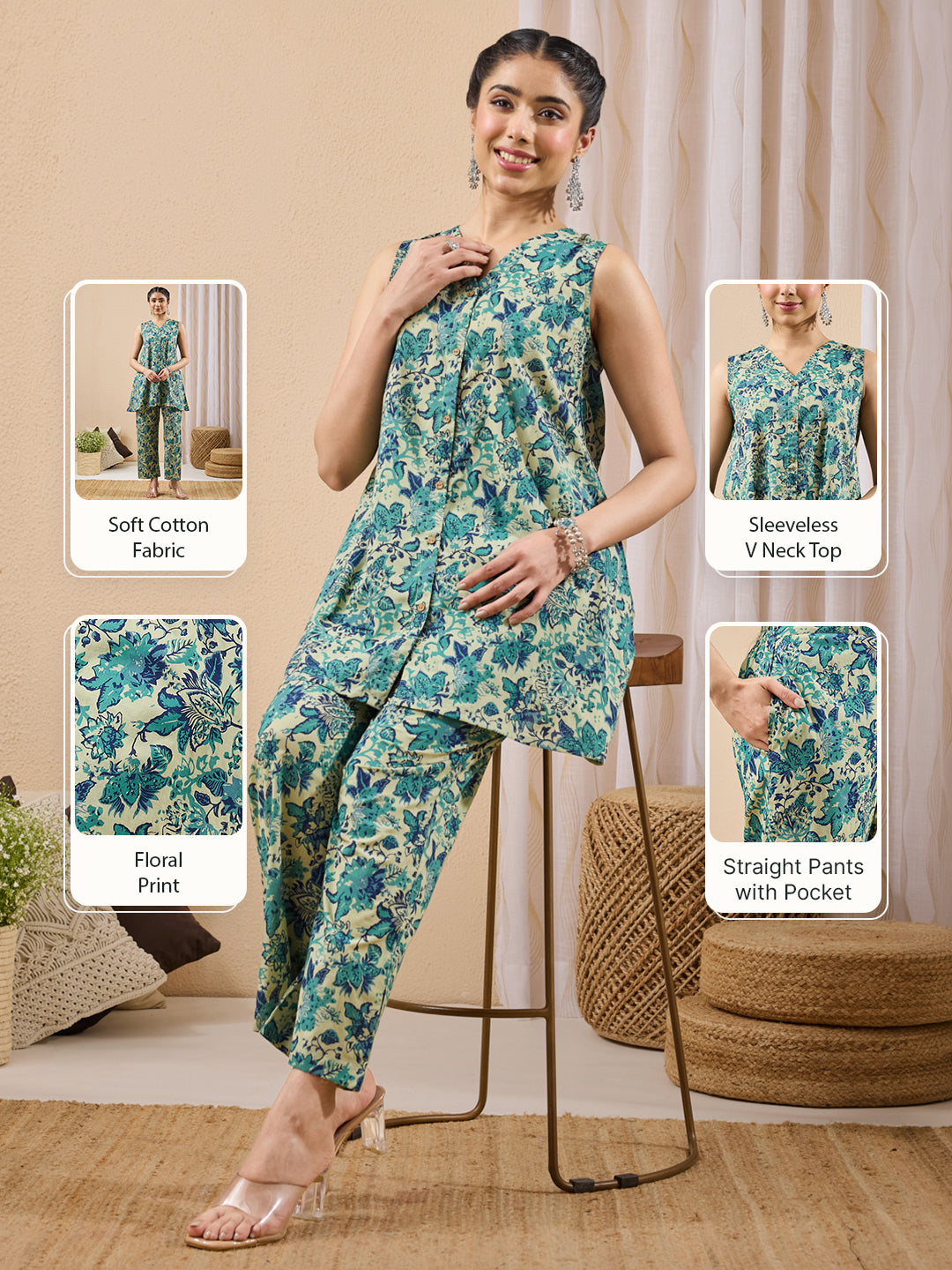 Janasya Women's Light Green Pure Cotton Floral Printed A-line Co-ord Set