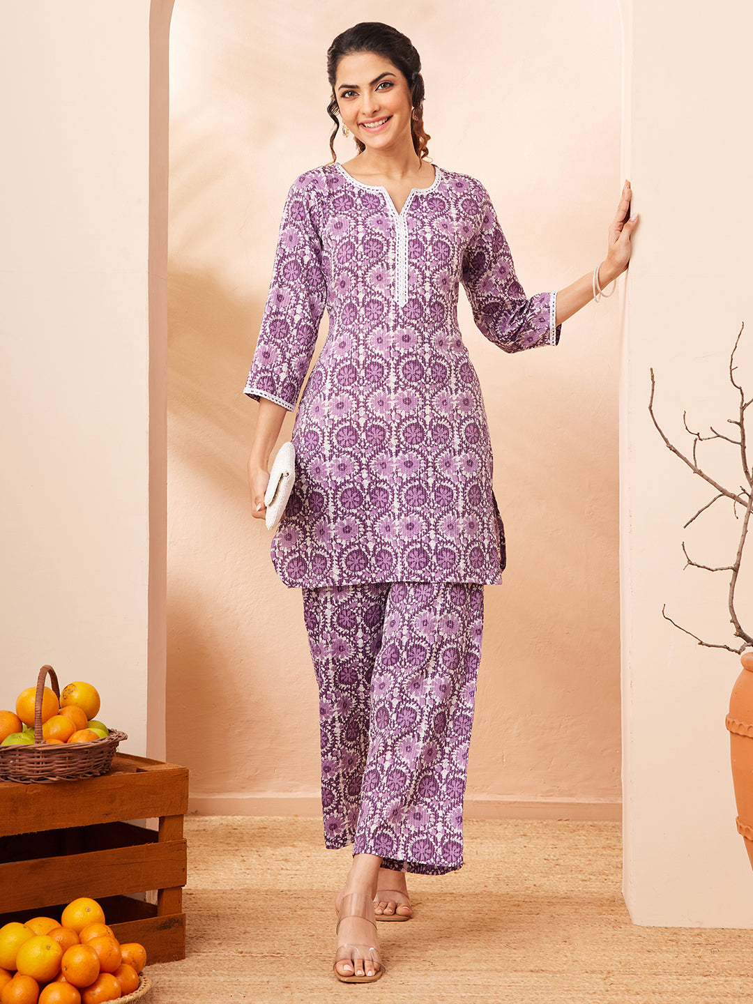 Janasya Women's Purple Pure Cotton Floral Printed Straight Co-ord Set