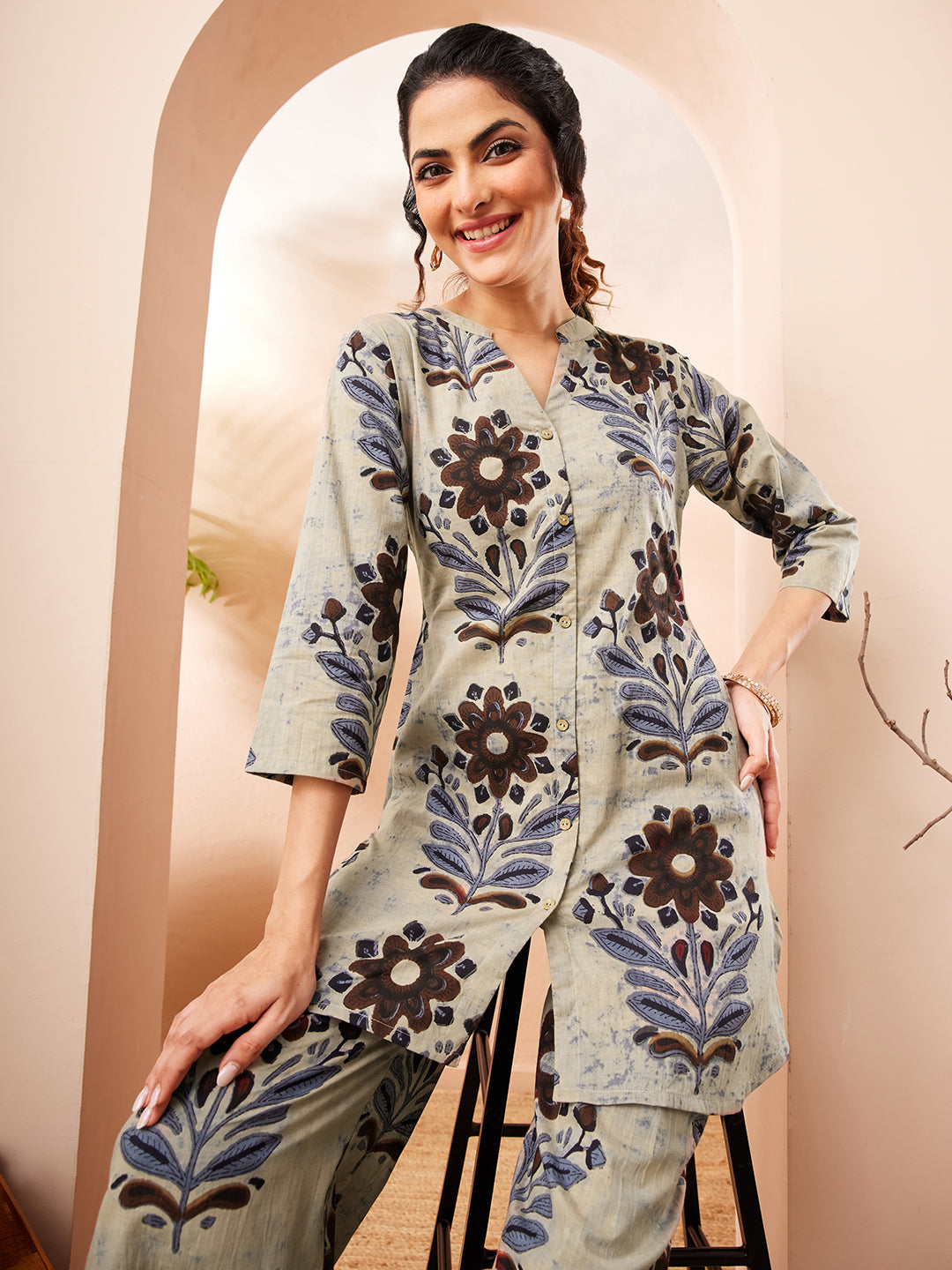 Janasya Women's Multicolor Pure Cotton Floral Printed A-line Co-ord Se