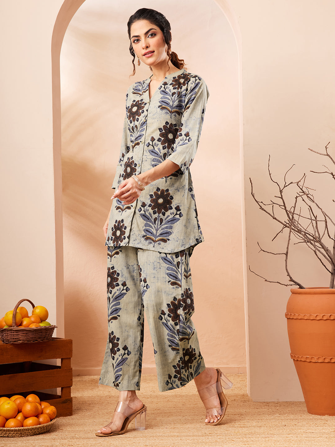 Janasya Women's Multicolor Pure Cotton Floral Printed A-line Co-ord Se