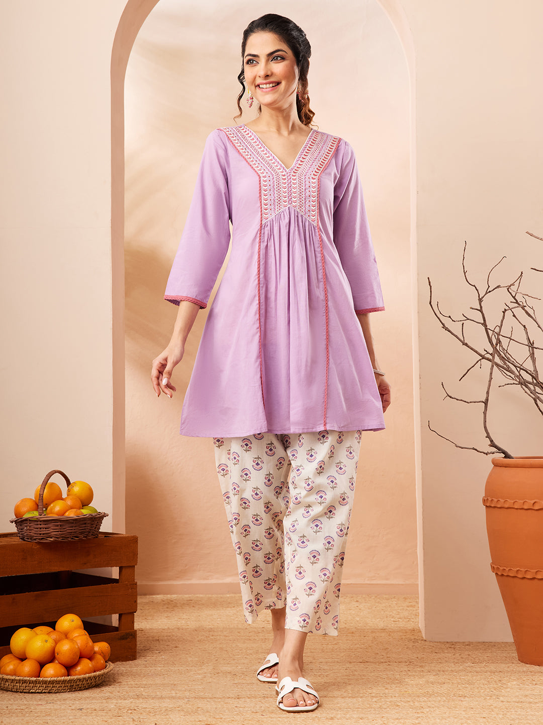 Janasya Women's Lavender Pure Cotton Yoke Embroidered A-line Co-ord Set