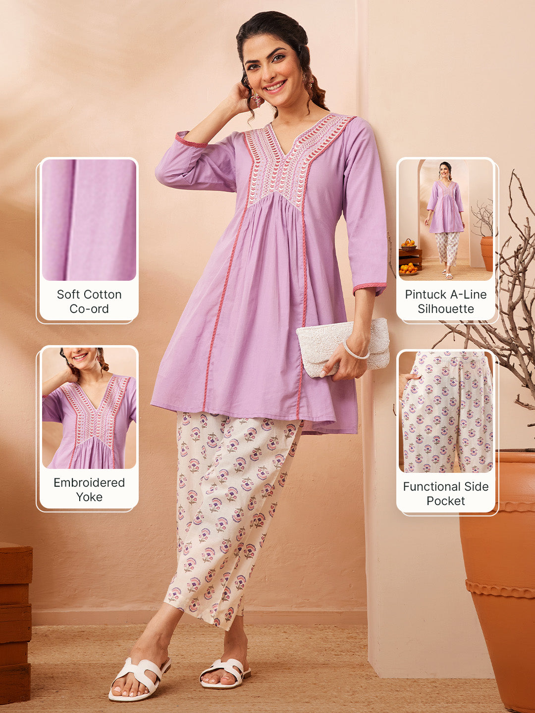 Janasya Women's Lavender Pure Cotton Yoke Embroidered A-line Co-ord Set