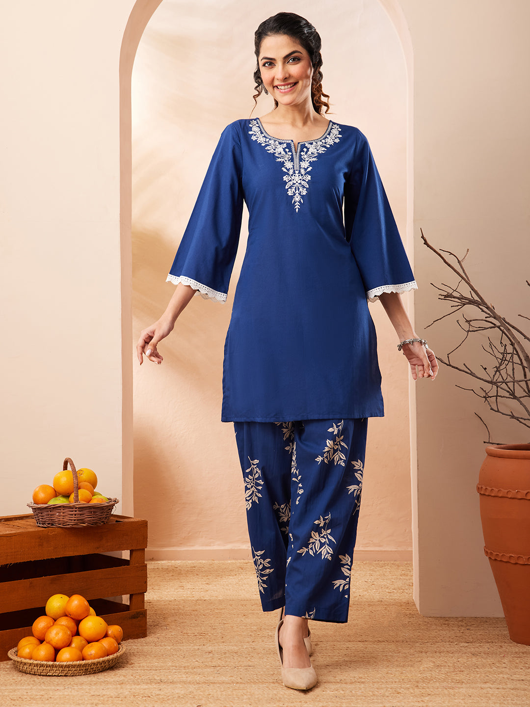 Janasya Women's Blue Pure Cotton Yoke Embroidered Straight Co-ord Set