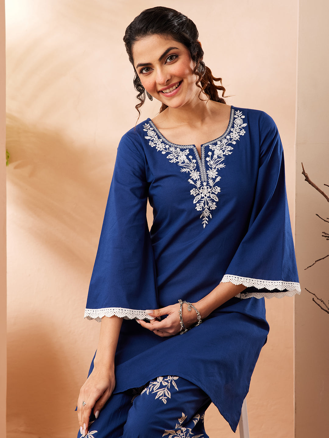 Janasya Women's Blue Pure Cotton Yoke Embroidered Straight Co-ord Set