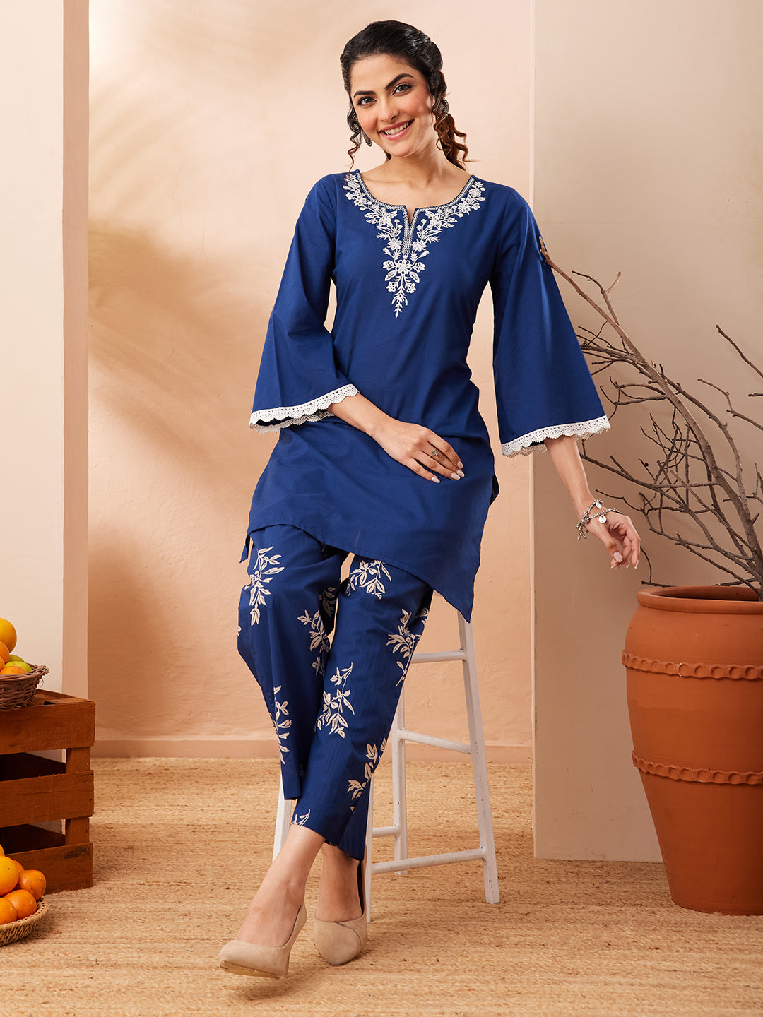 Janasya Women's Blue Pure Cotton Yoke Embroidered Straight Co-ord Set