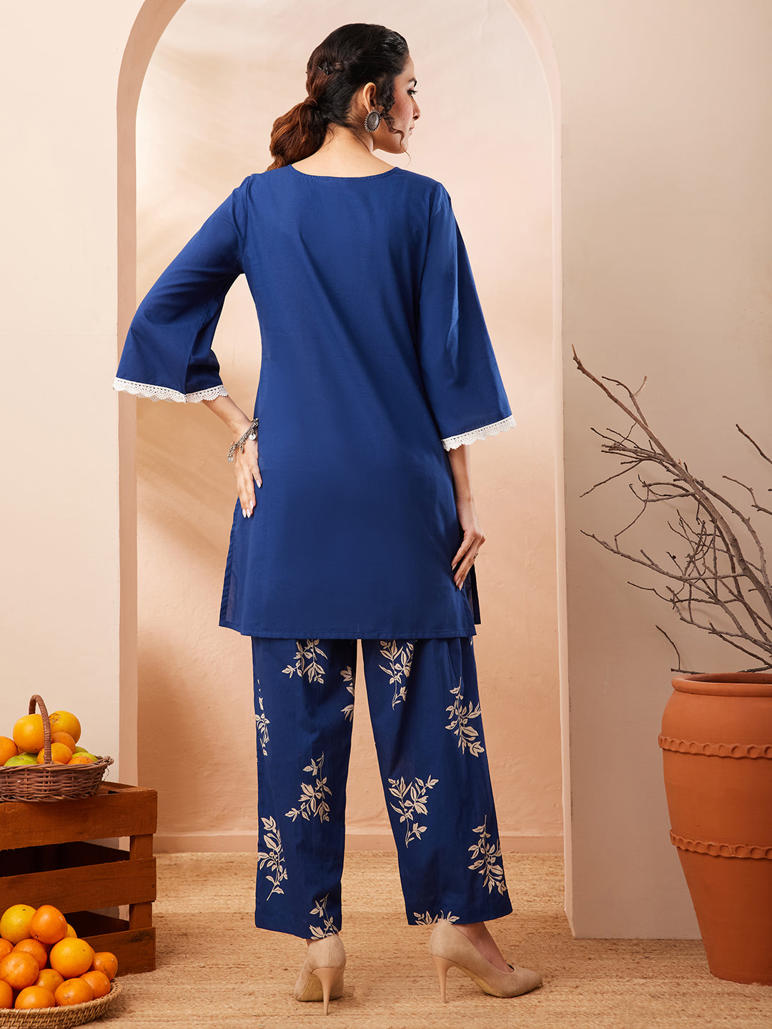Janasya Women's Blue Pure Cotton Yoke Embroidered Straight Co-ord Set
