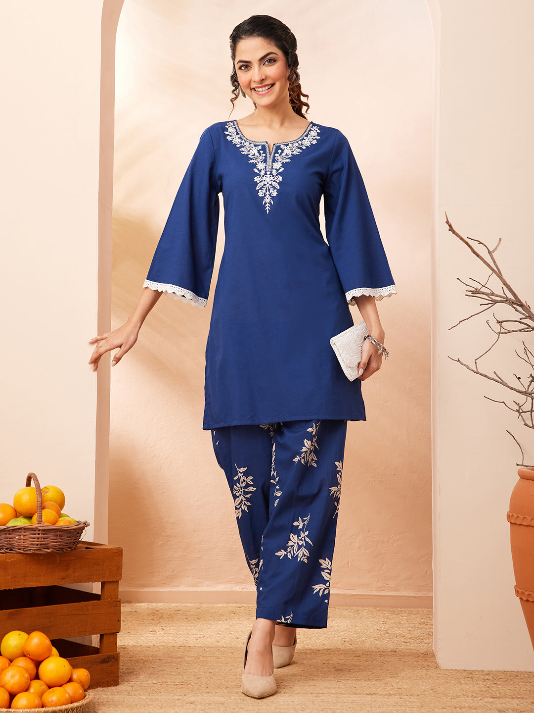 Janasya Women's Blue Pure Cotton Yoke Embroidered Straight Co-ord Set