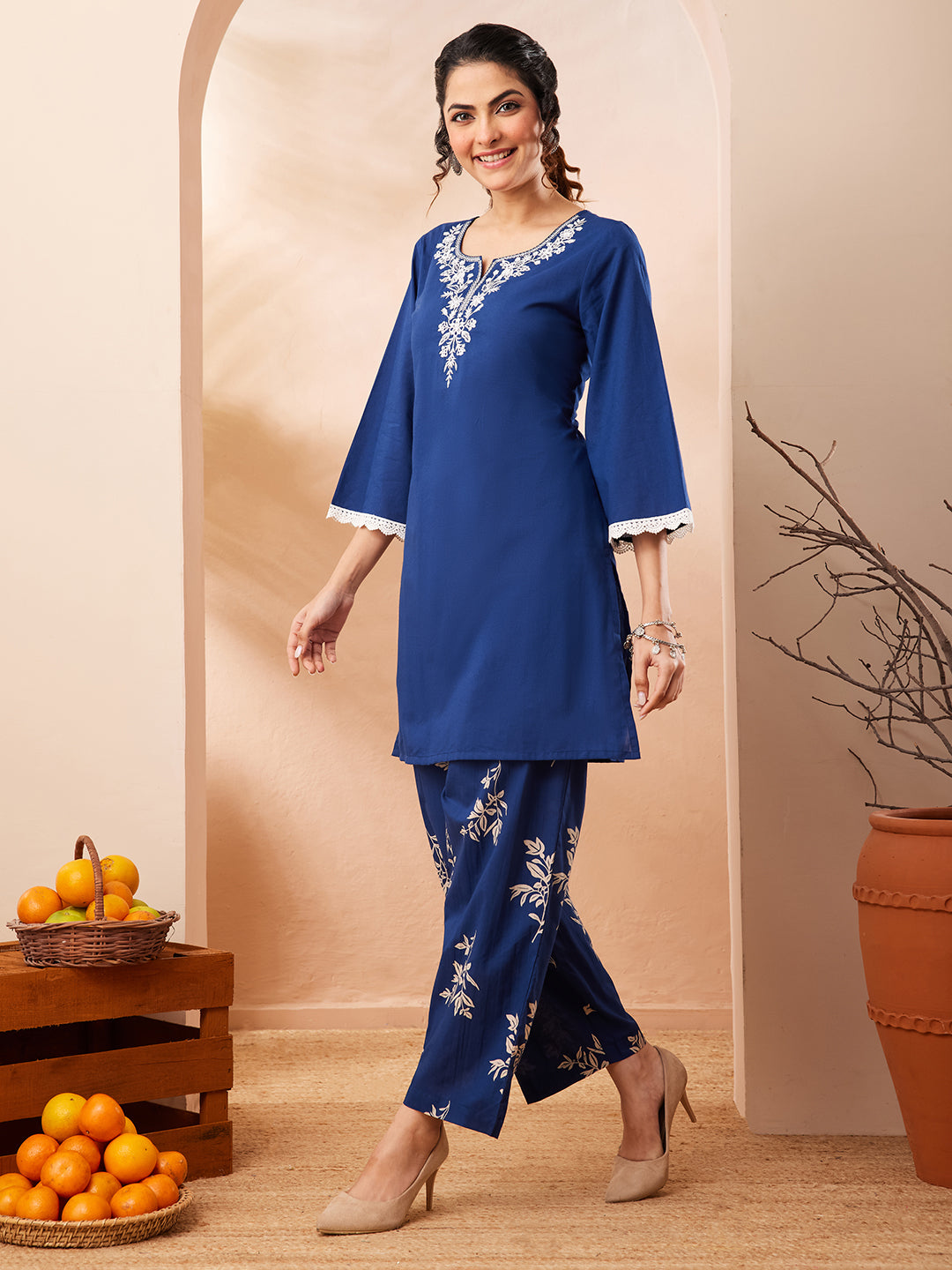 Janasya Women's Blue Pure Cotton Yoke Embroidered Straight Co-ord Set