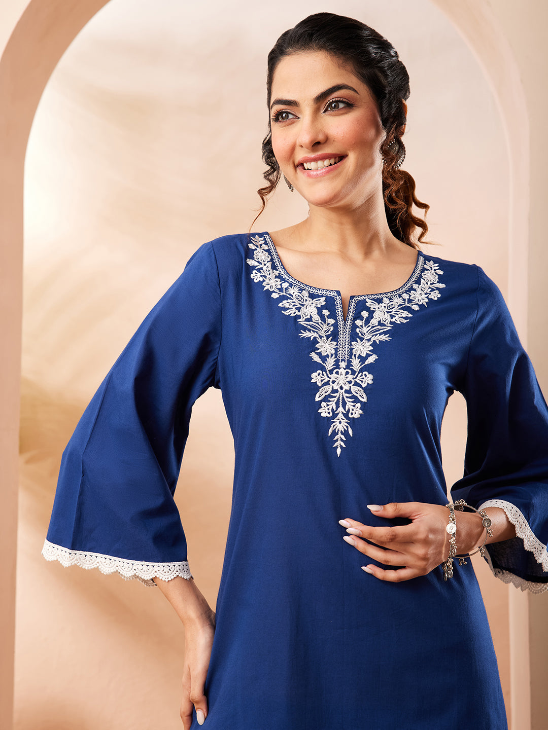 Janasya Women's Blue Pure Cotton Yoke Embroidered Straight Co-ord Set