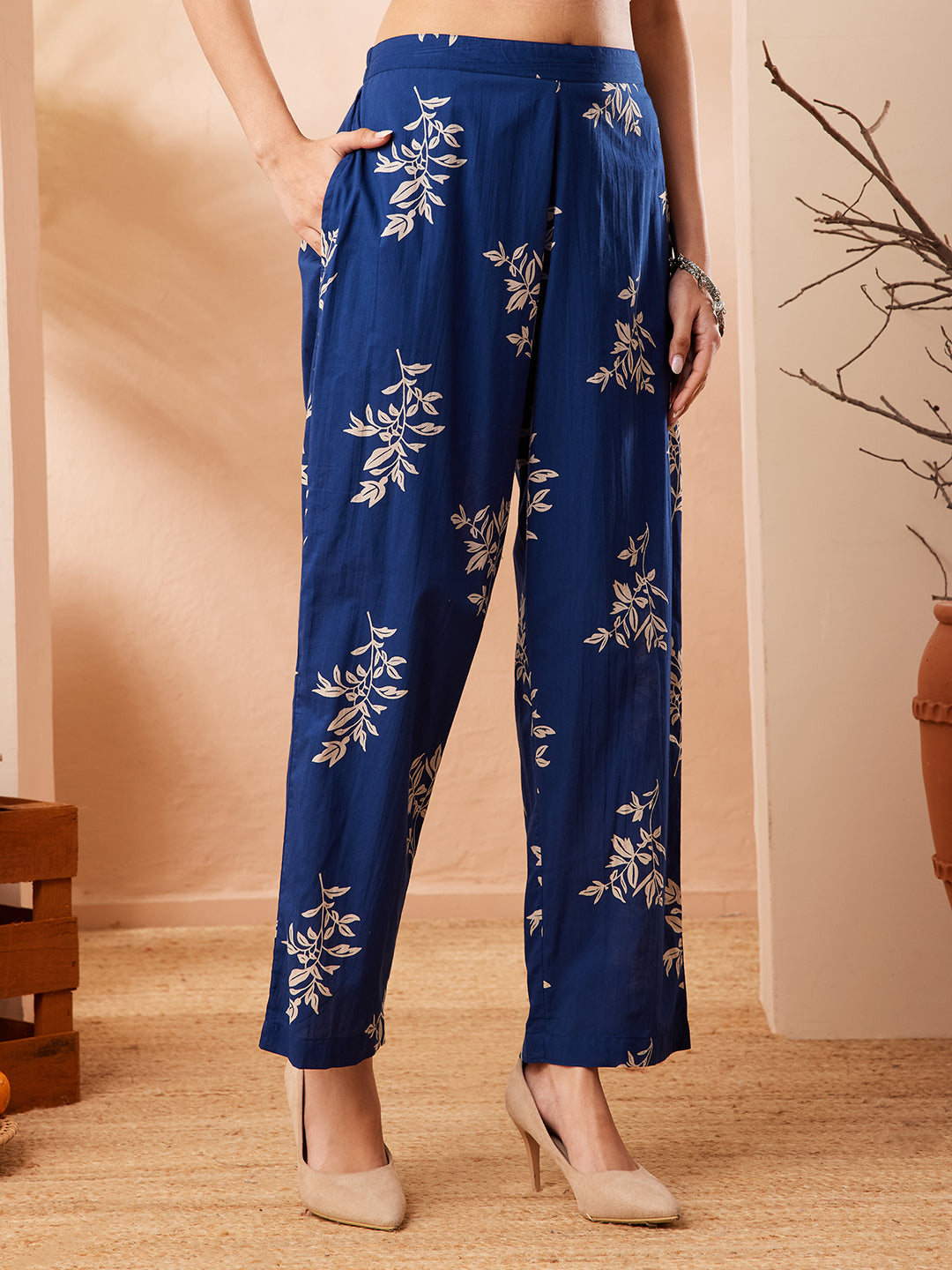 Janasya Women's Blue Pure Cotton Yoke Embroidered Straight Co-ord Set