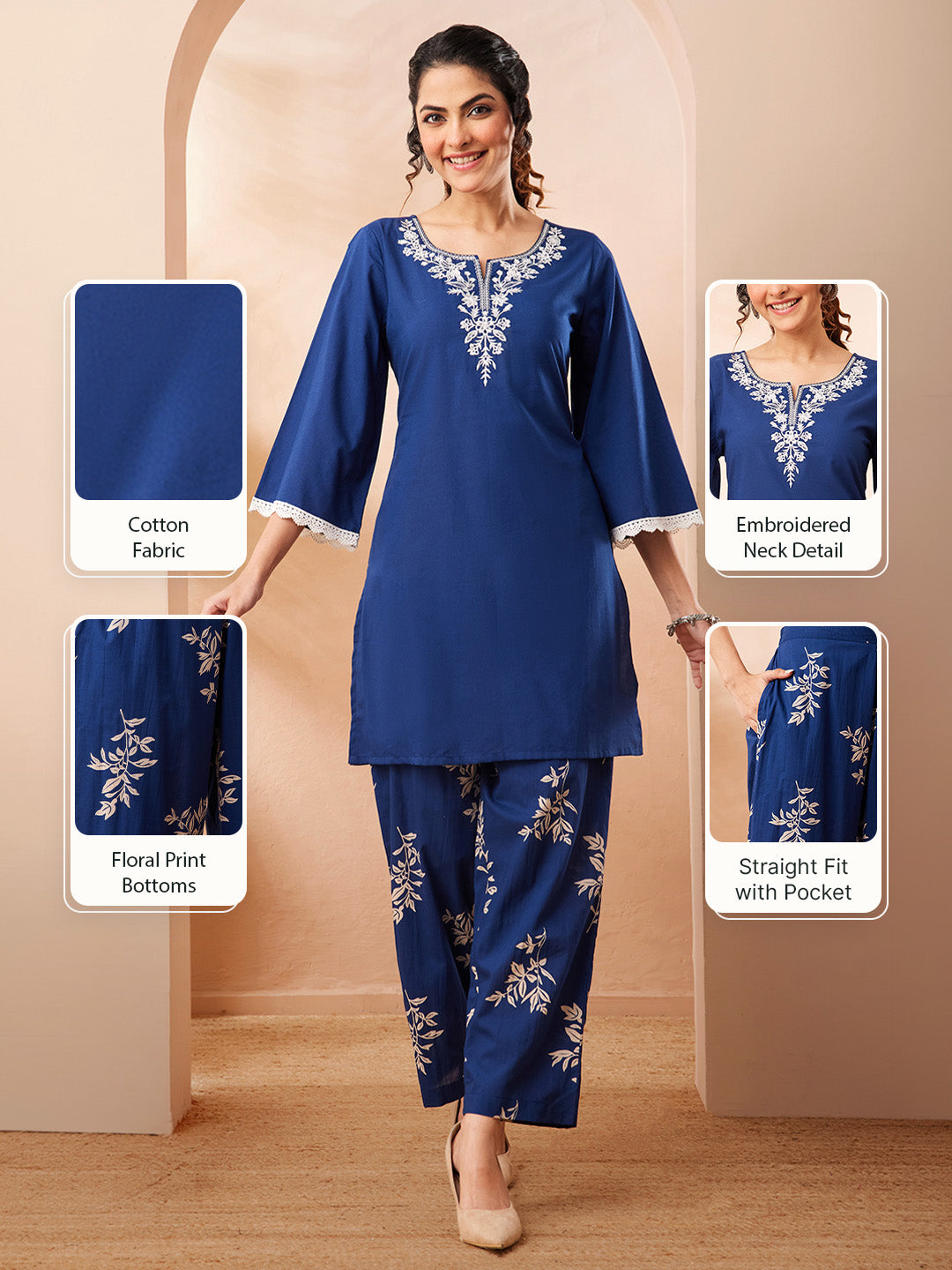 Janasya Women's Blue Pure Cotton Yoke Embroidered Straight Co-ord Set