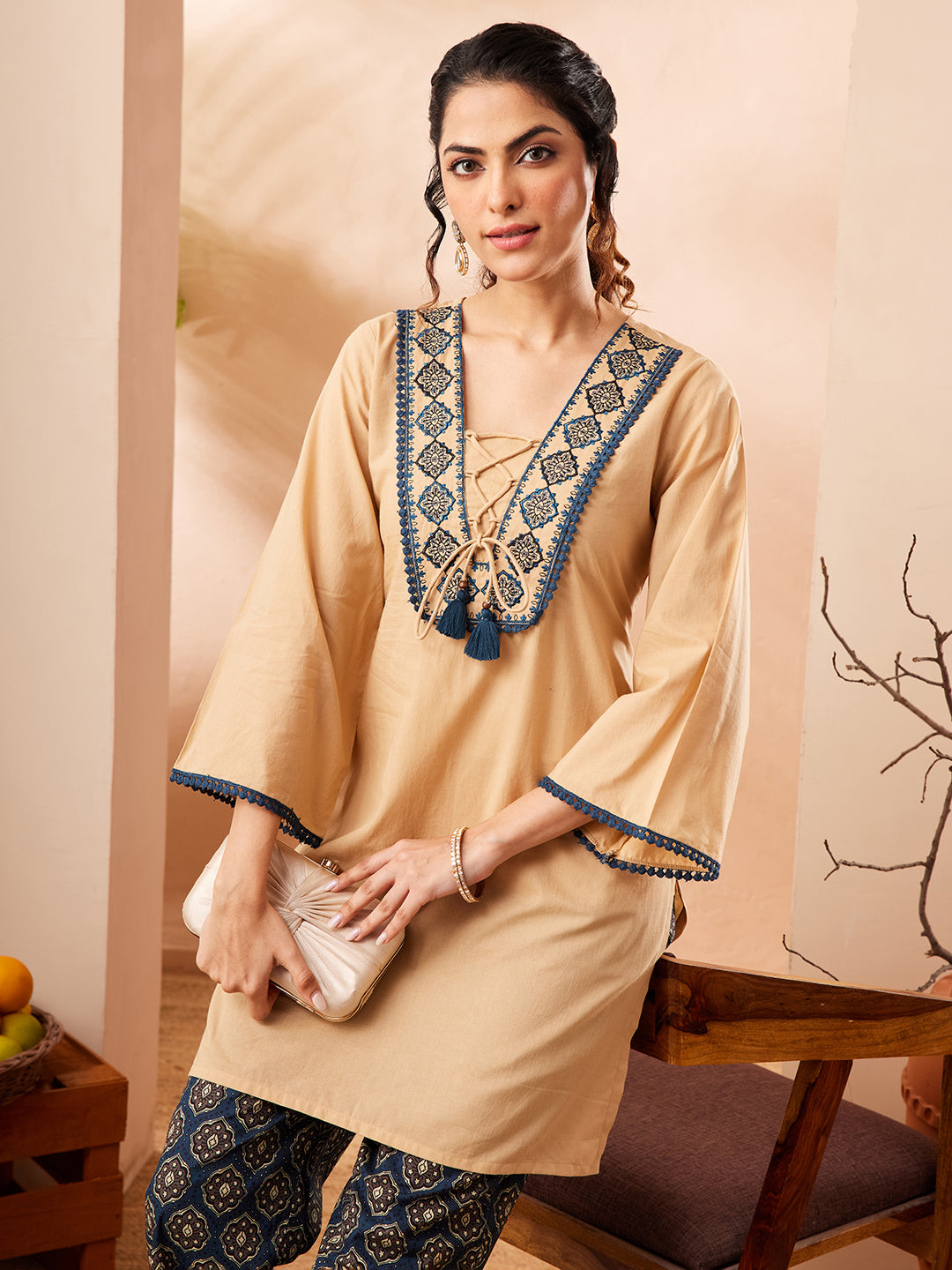 Janasya Women's Beige Pure Cotton Yoke Embroidery Straight Co-ord Set