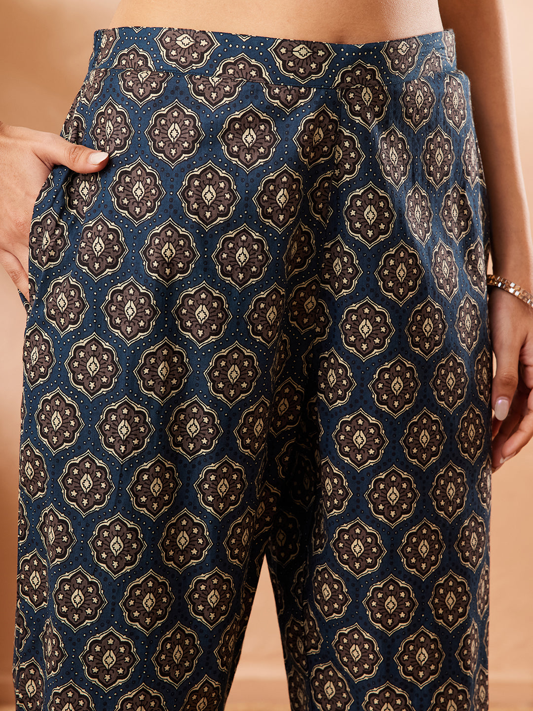 Janasya Women's Beige Pure Cotton Yoke Embroidery Straight Co-ord Set