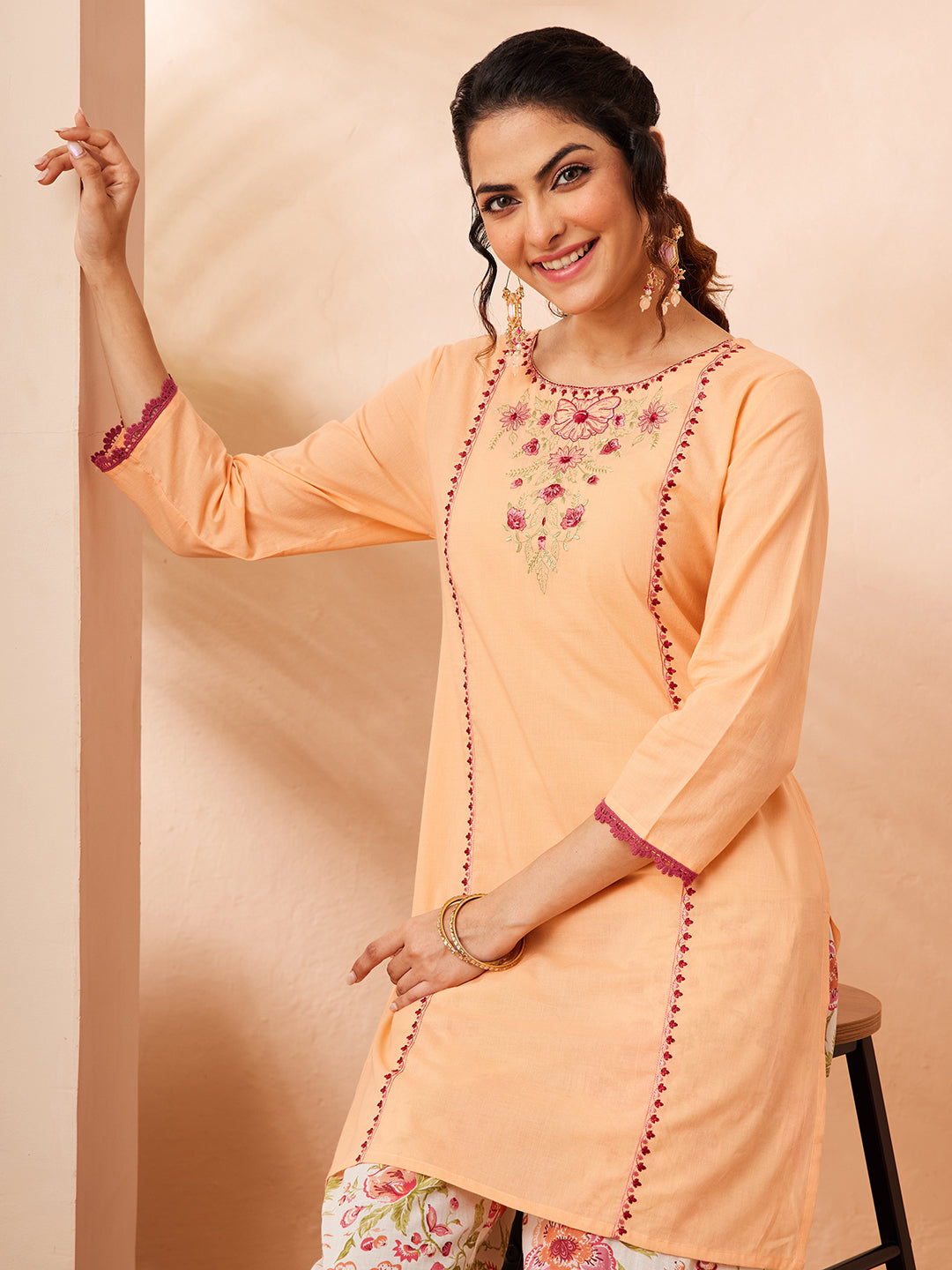 Janasya Women's Peach Pure Cotton Yoke Embroidered Straight Co-ord Set