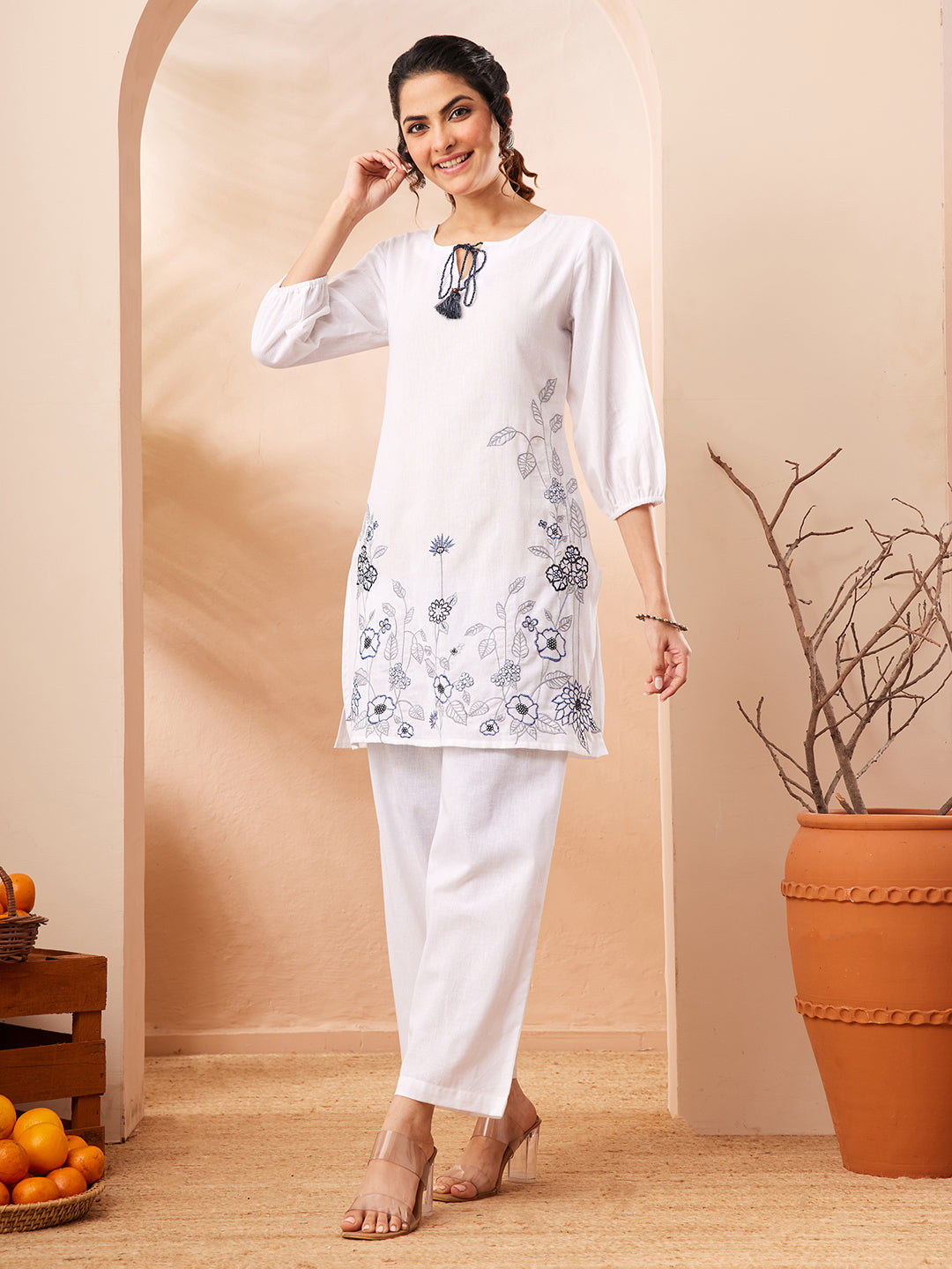 Janasya Women's White Cotton Lilen Emboidered Straight Co-ord Set