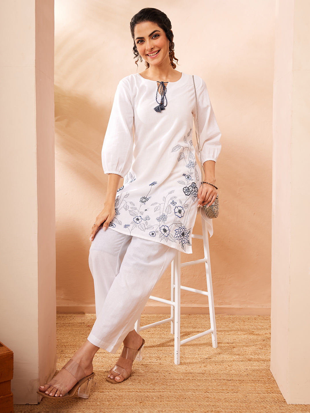 Janasya Women's White Cotton Lilen Emboidered Straight Co-ord Set