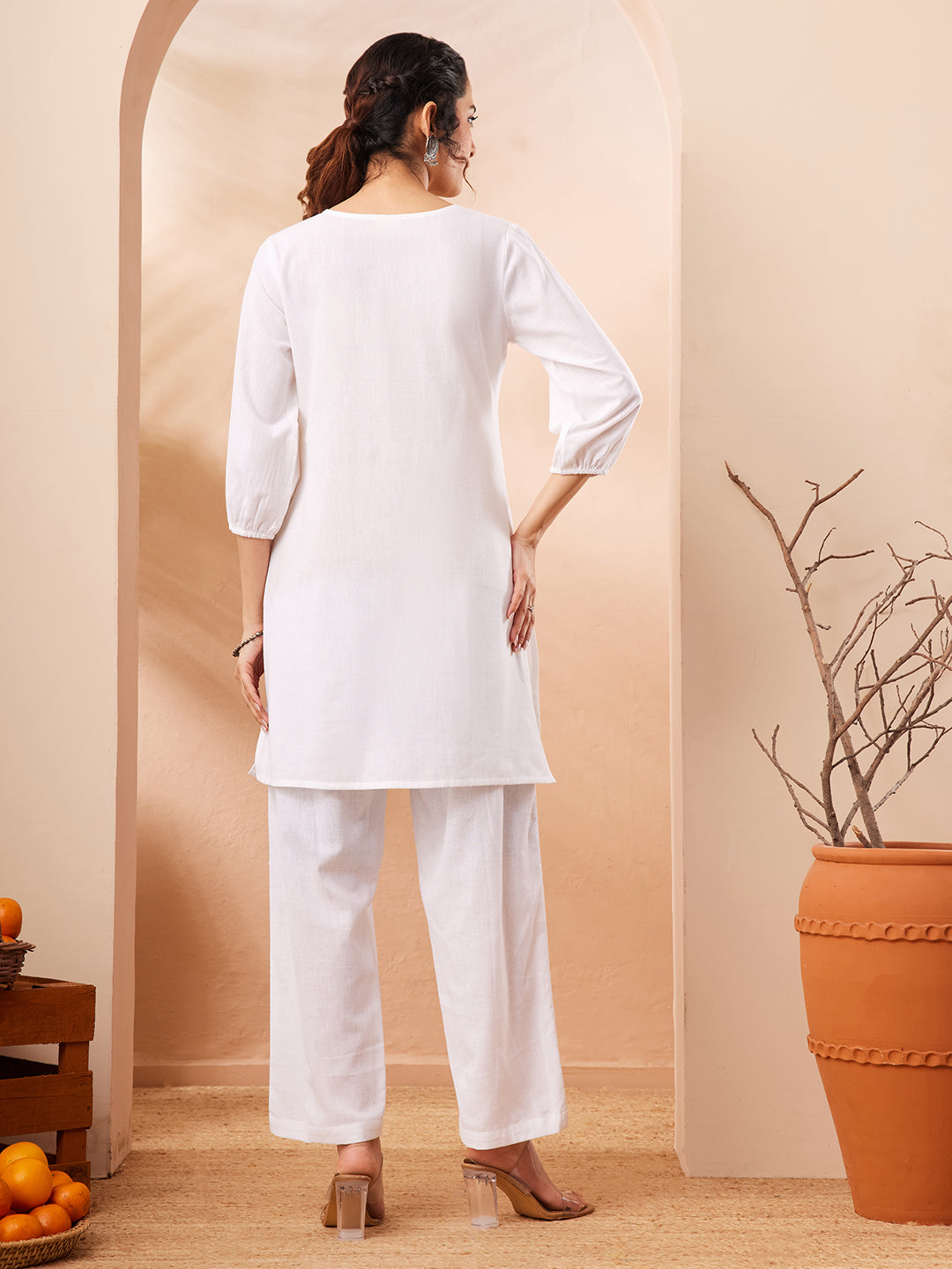 Janasya Women's White Cotton Lilen Emboidered Straight Co-ord Set