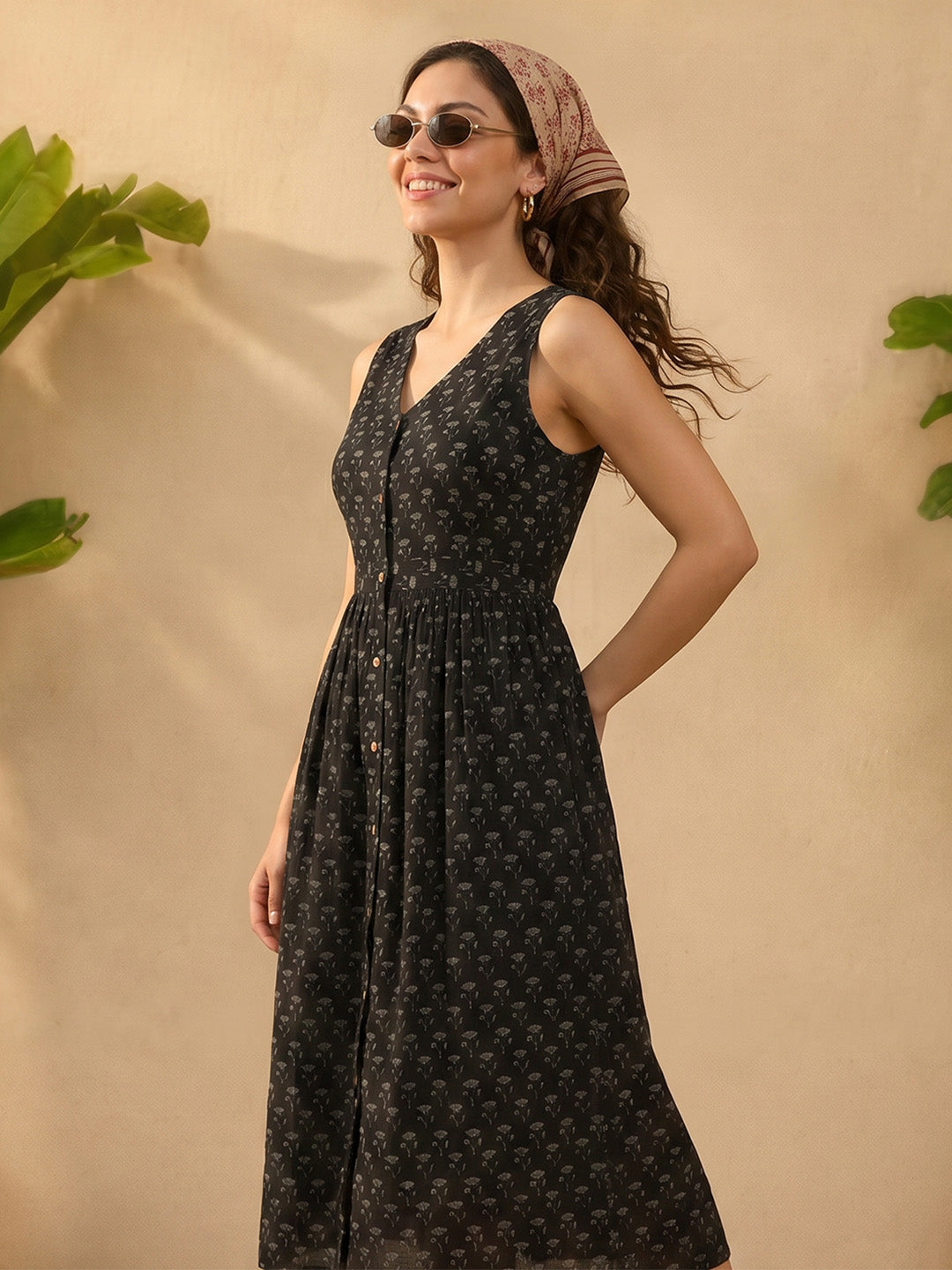 Janasya Women's Black Pure Cotton Floral Printed A-Line Dress