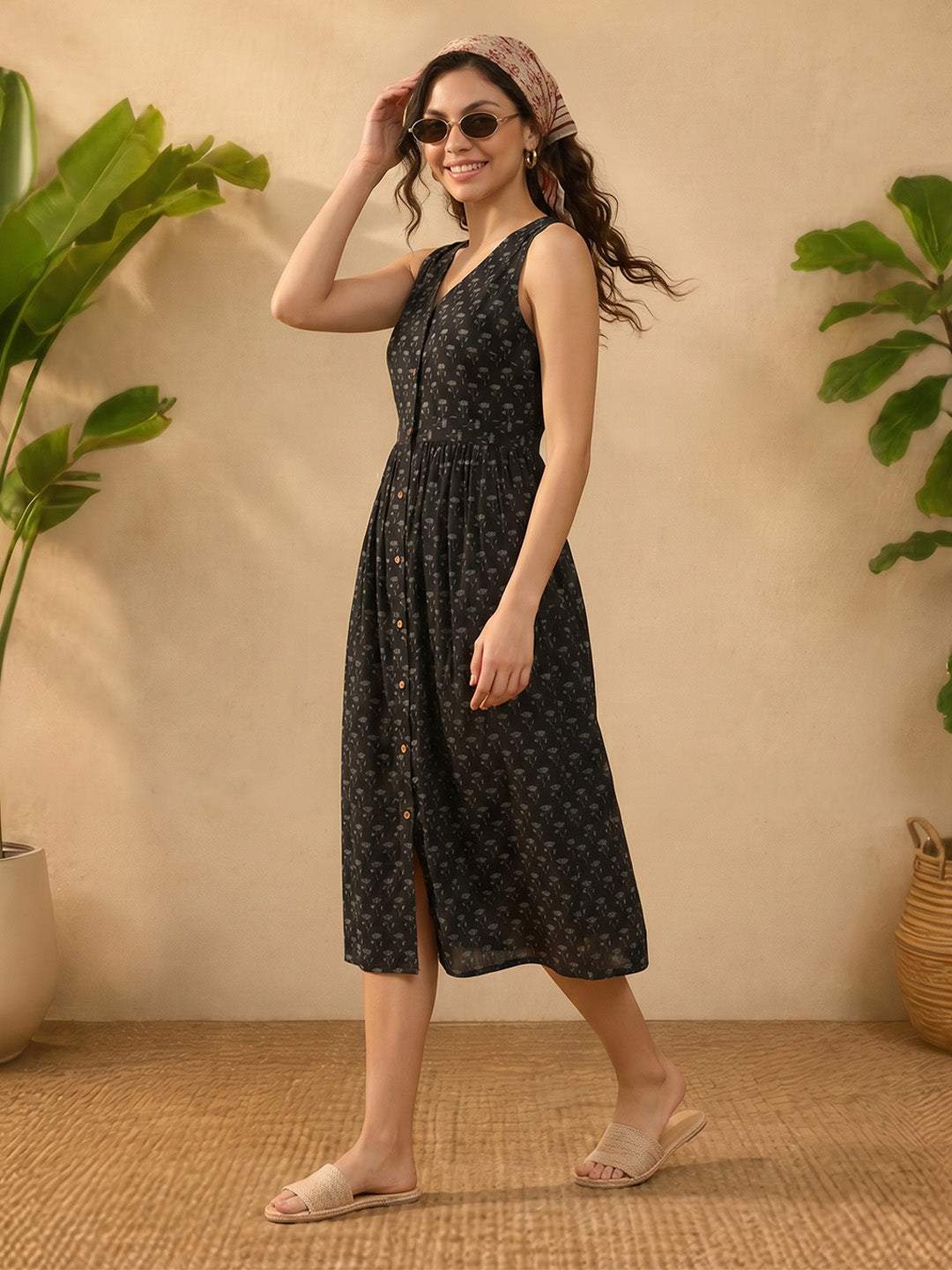 Janasya Women's Black Pure Cotton Floral Printed A-Line Dress