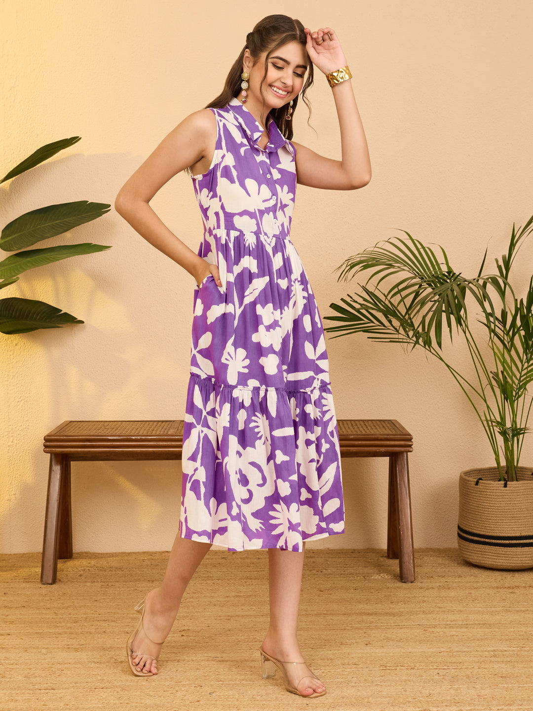 Janasya Women's Purple Pure Cotton Floral Gathered A-line Dress