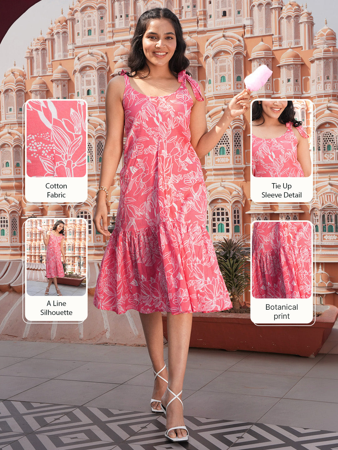 Janasya Women’s Pink Pure Cotton Floral Printed A-line Dress With Tie-up Sleeves
