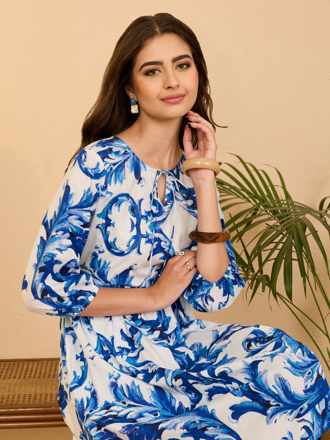 Janasya Women's White Pure Cotton Abstract Printed A-line Dress