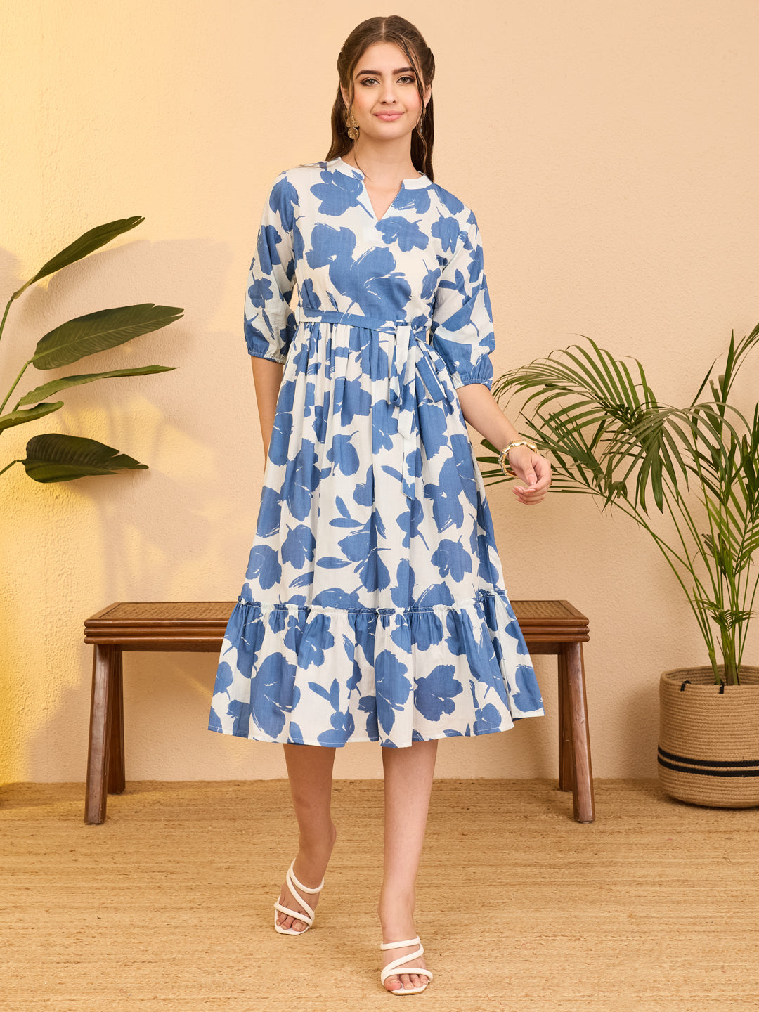 Janasya Women's Blue Pure Cotton Floral Printed Fit & Flare Dress