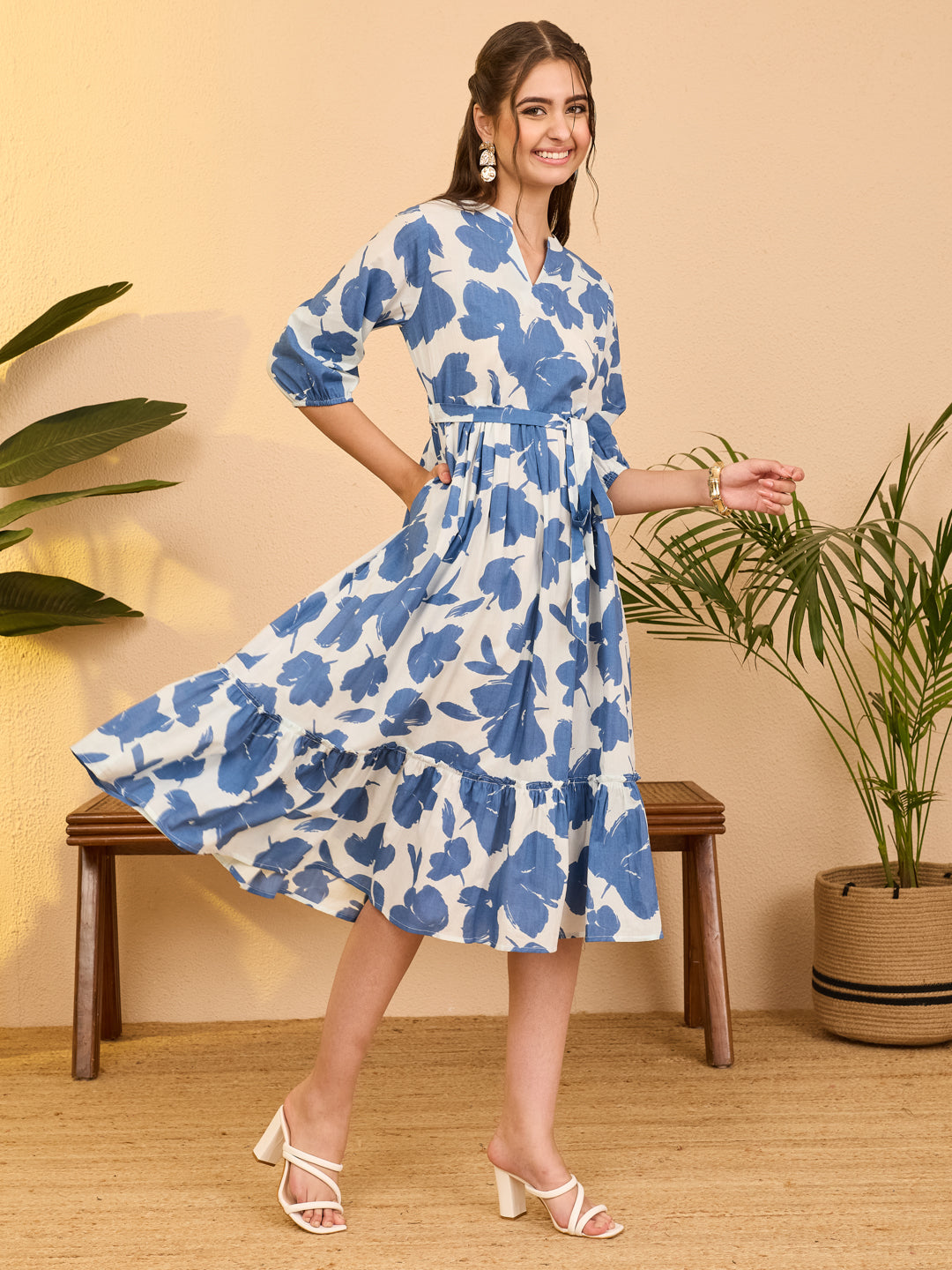 Janasya Women's Blue Pure Cotton Floral Printed Fit & Flare Dress
