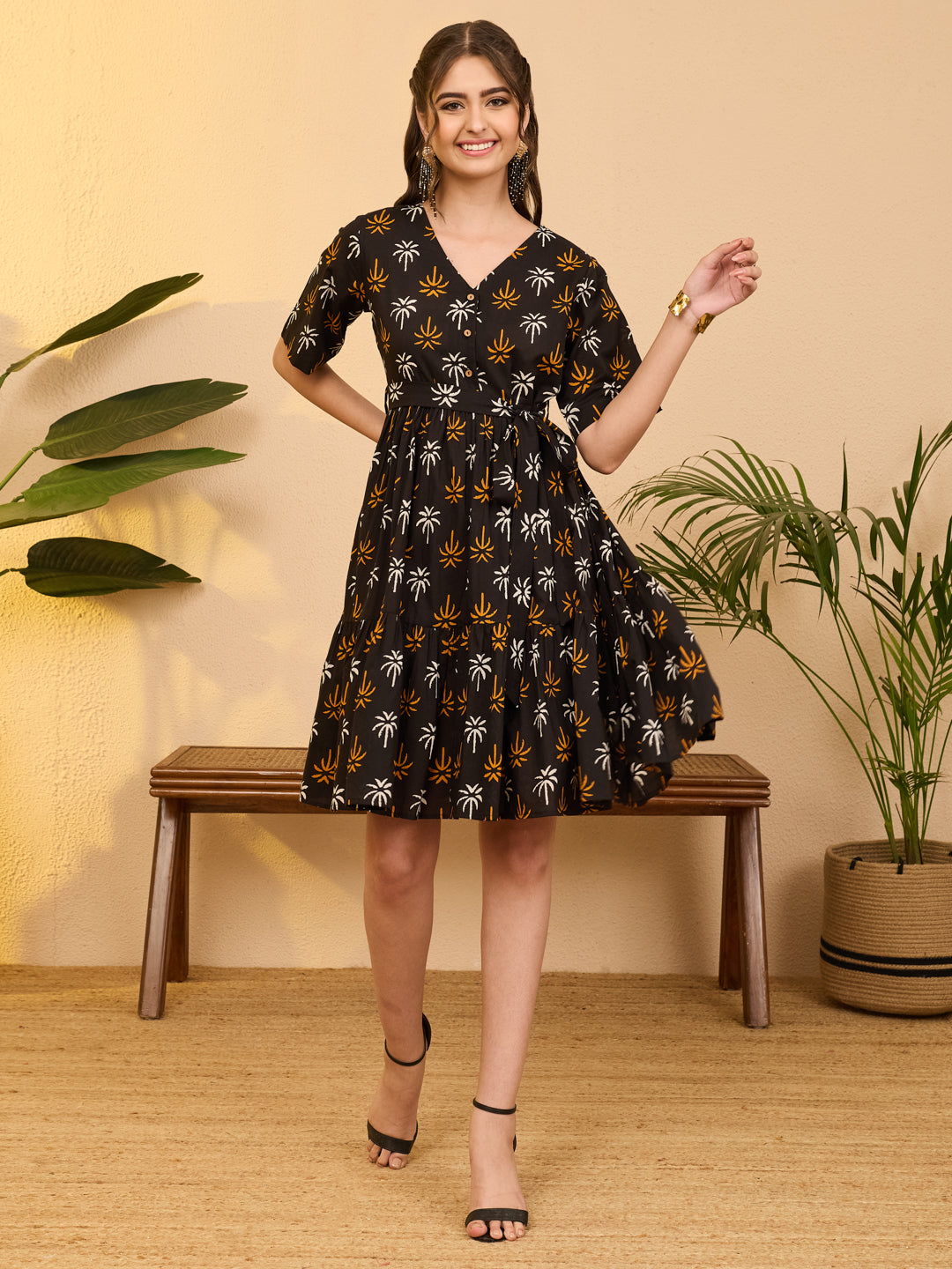 Janasya Women's Black Pure Cotton Tropical Printed Fit & Flare Dress Janasya Women's Black Pure Cotton Tropical Printed Fit & Flare Dress
