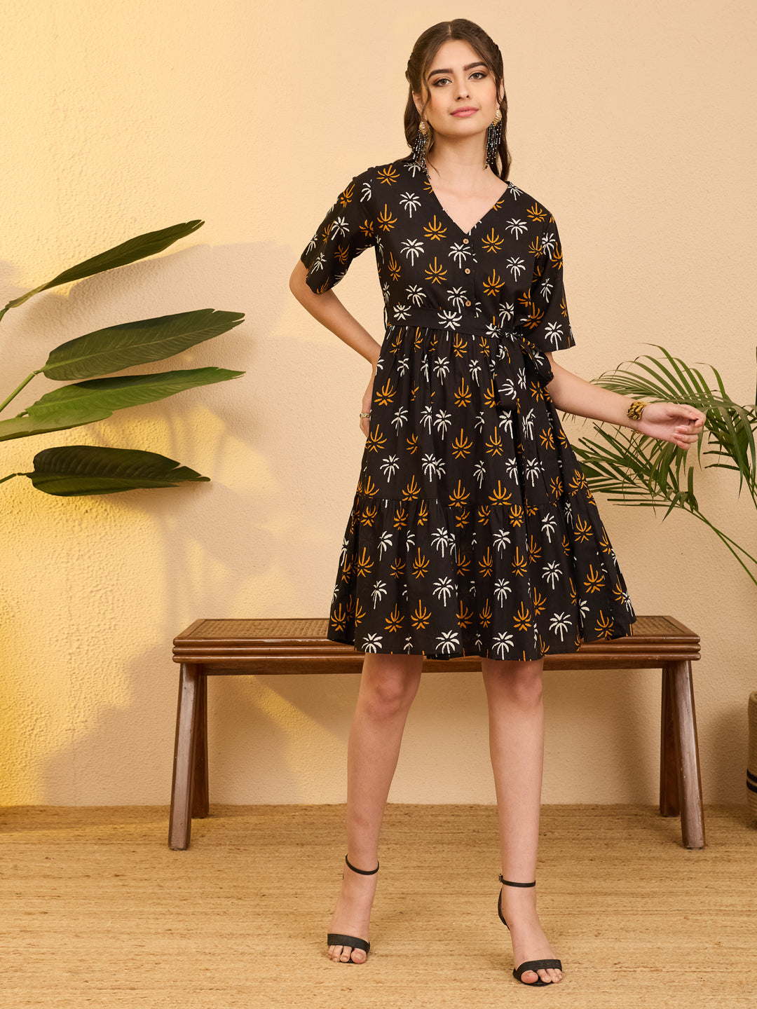 Janasya Women's Black Pure Cotton Tropical Printed Fit & Flare Dress