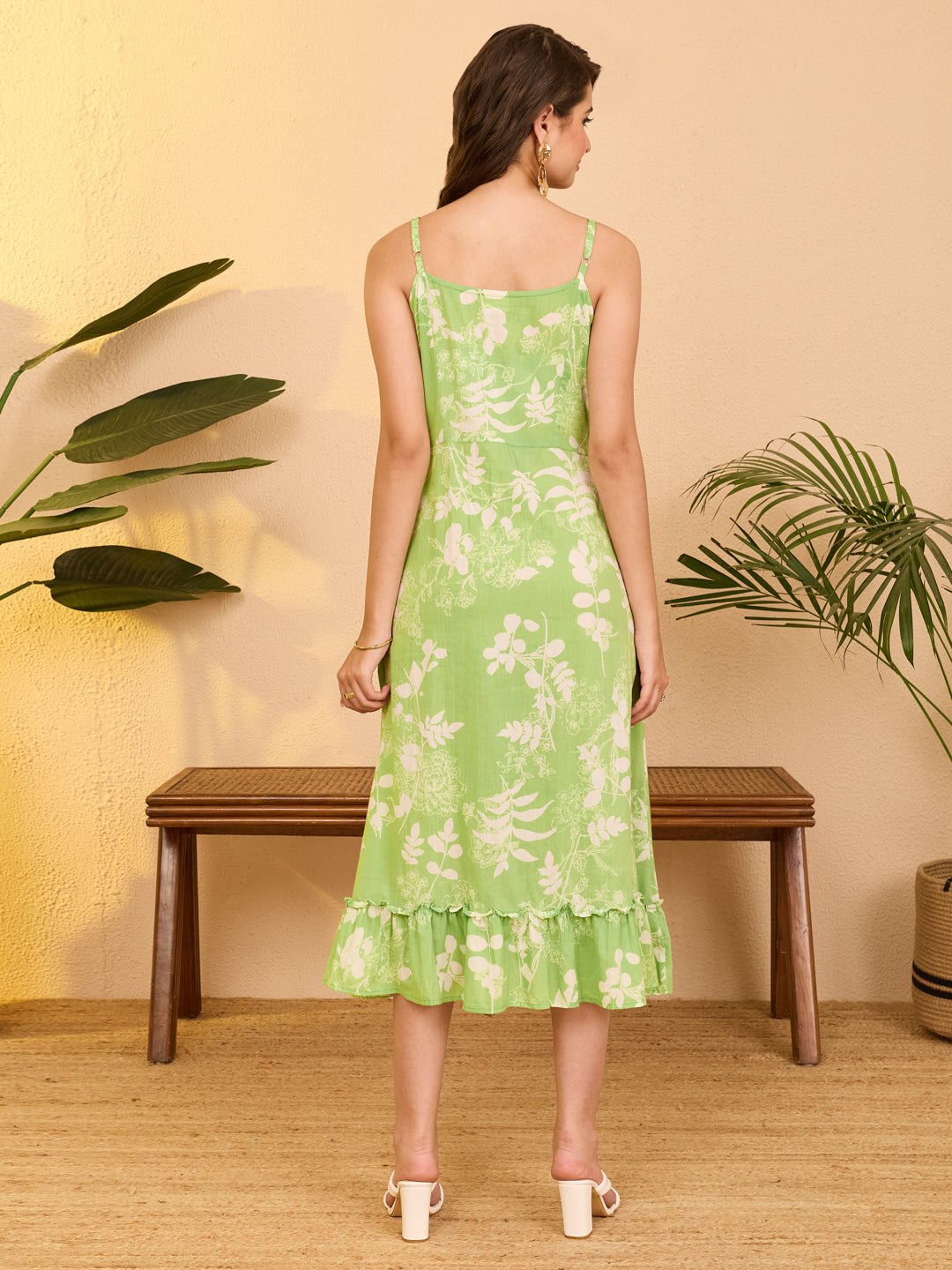 Janasya Women's Mint Green Pure Cotton Floral Printed A-line Dress