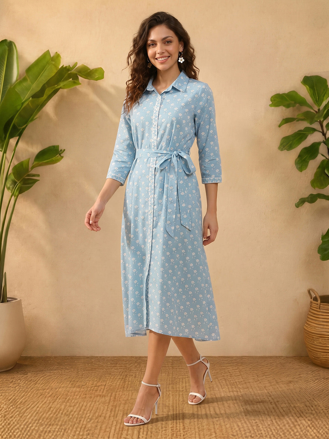 Janasya Women's Light Blue Pure Cotton Floral Printed Shirt Style Dress
