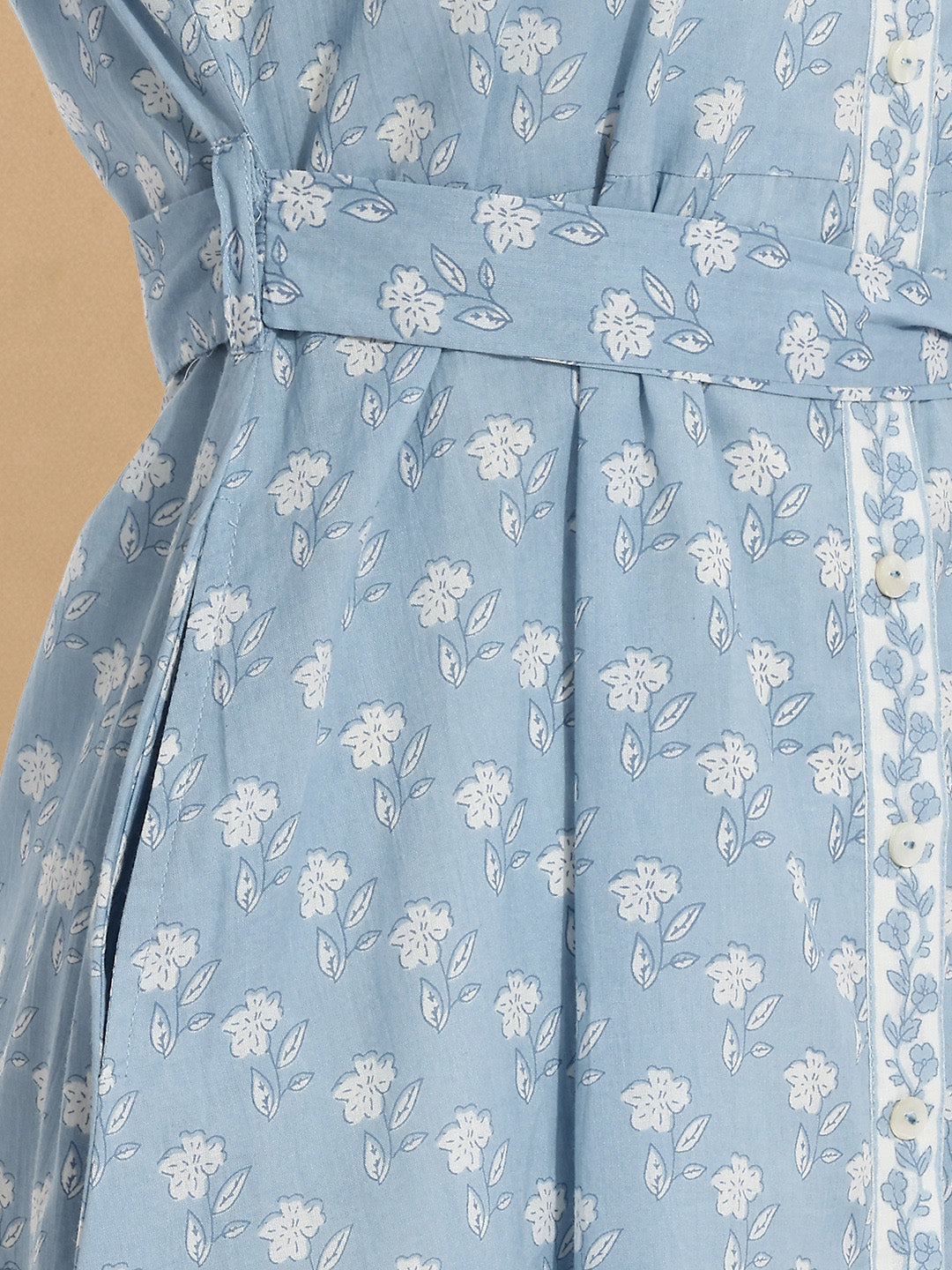 Janasya Women's Light Blue Pure Cotton Floral Printed Shirt Style Dress