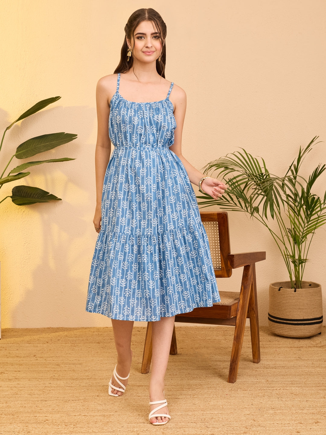 Janasya Women's Blue Pure Cotton Ethnic Motifs Printed A-line Dress