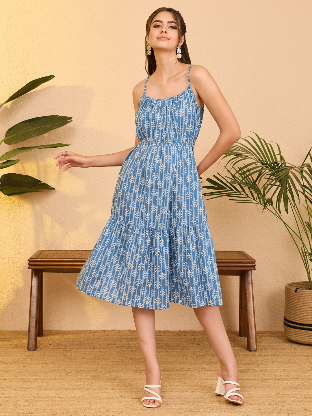 Janasya Women's Blue Pure Cotton Ethnic Motifs Printed A-line Dress