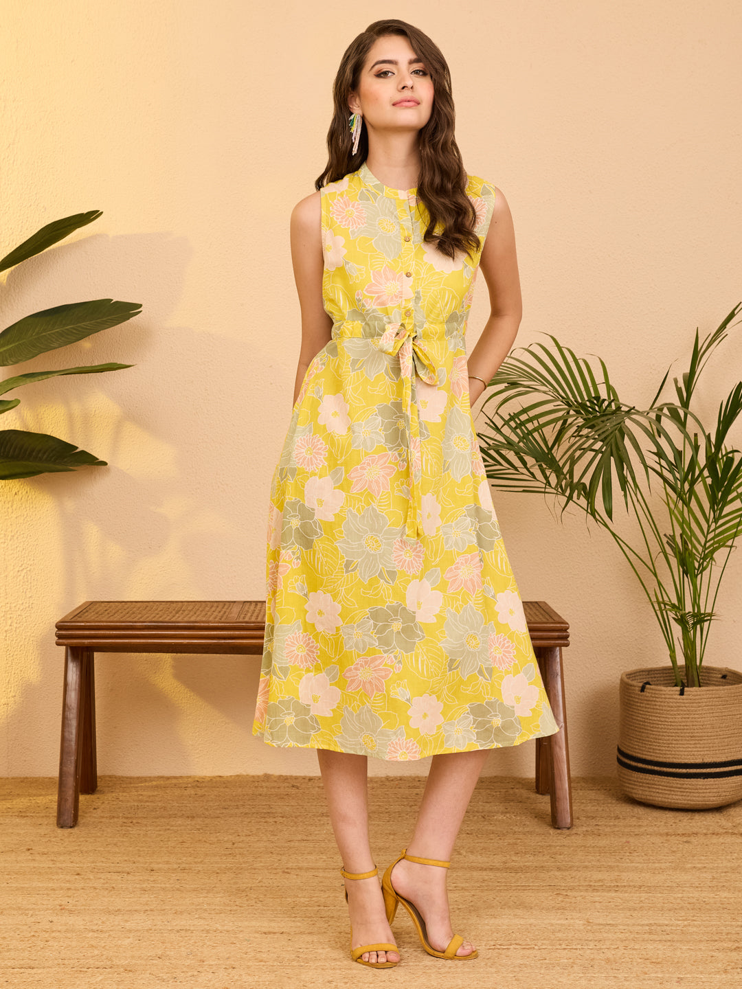 Janasya Women's Yellow Pure Cotton Floral Printed A-line Dress