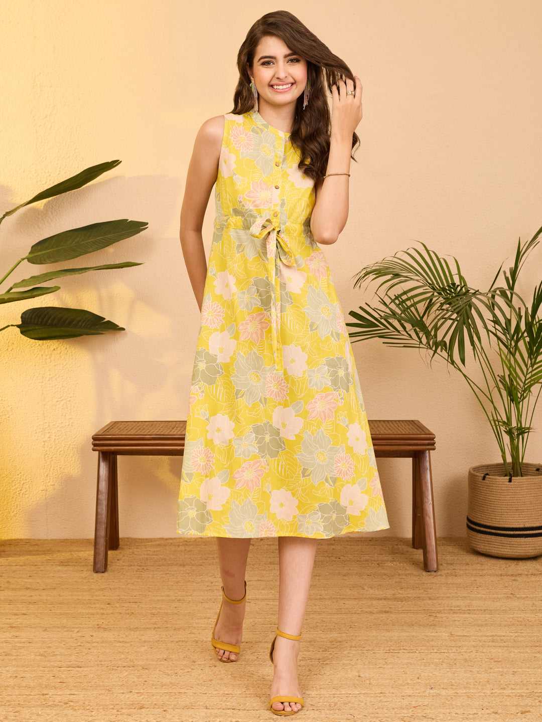 Janasya Women's Yellow Pure Cotton Floral Printed A-line Dress