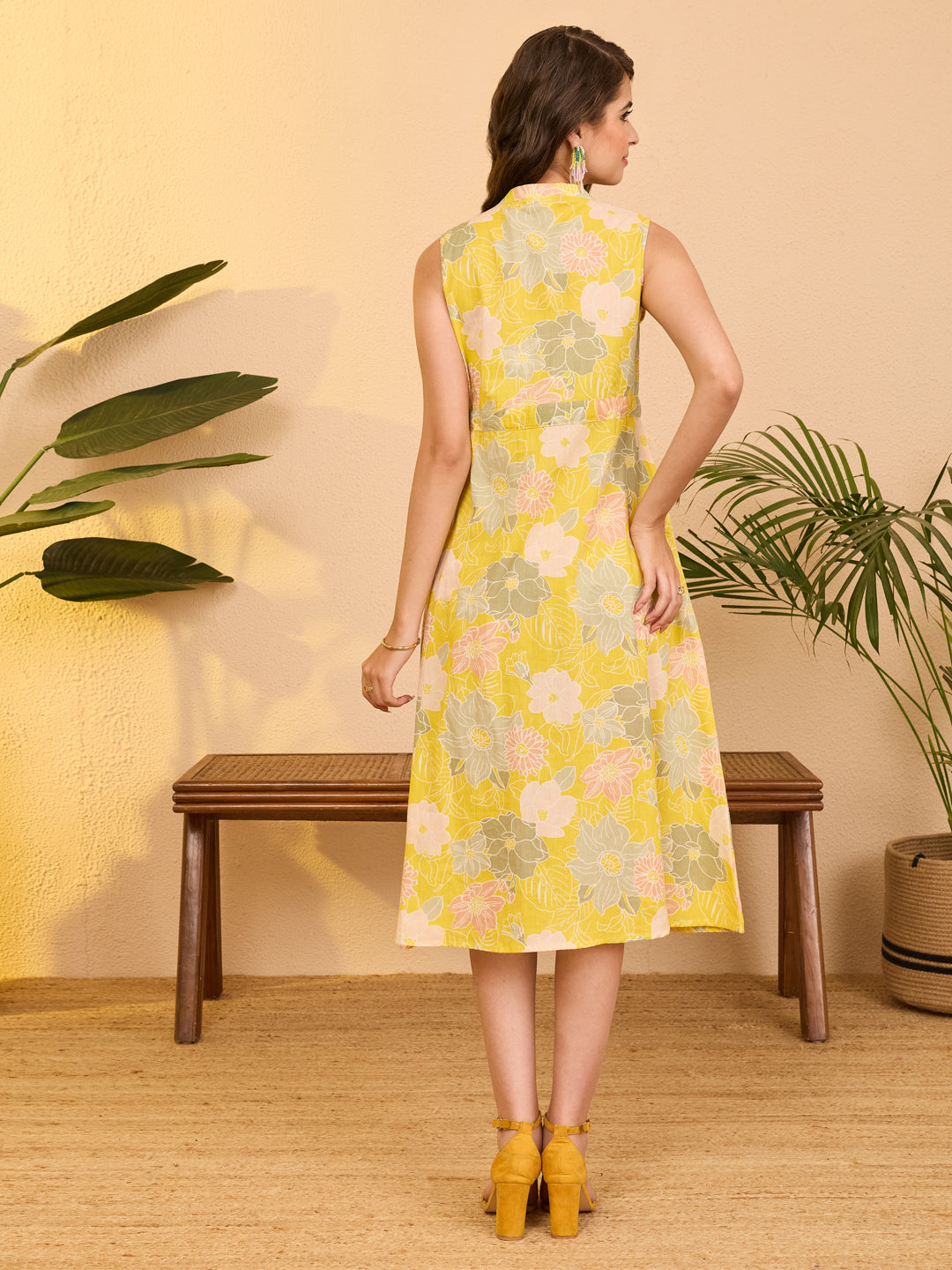 Janasya Women's Yellow Pure Cotton Floral Printed A-line Dress