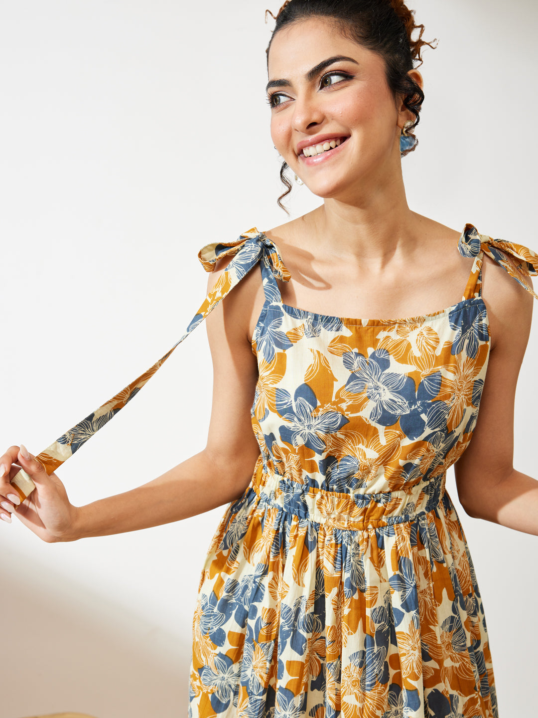 Janasya Women's Cream Pure Cotton Floral Printed Fit & Flare Dress