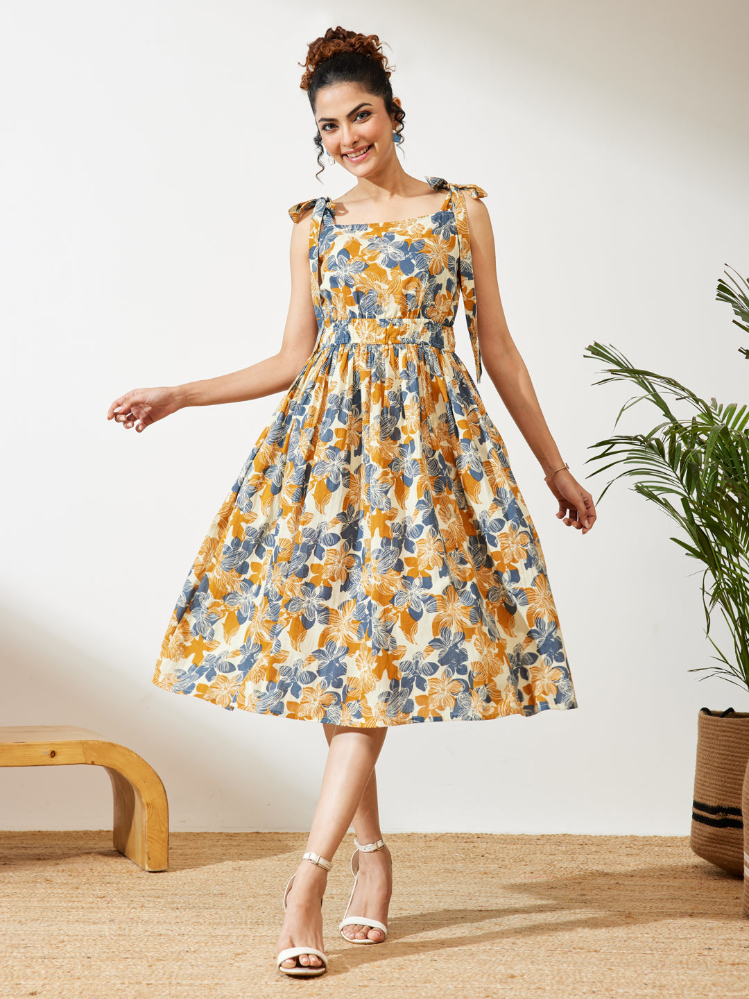 Janasya Women's Cream Pure Cotton Floral Printed Fit & Flare Dress