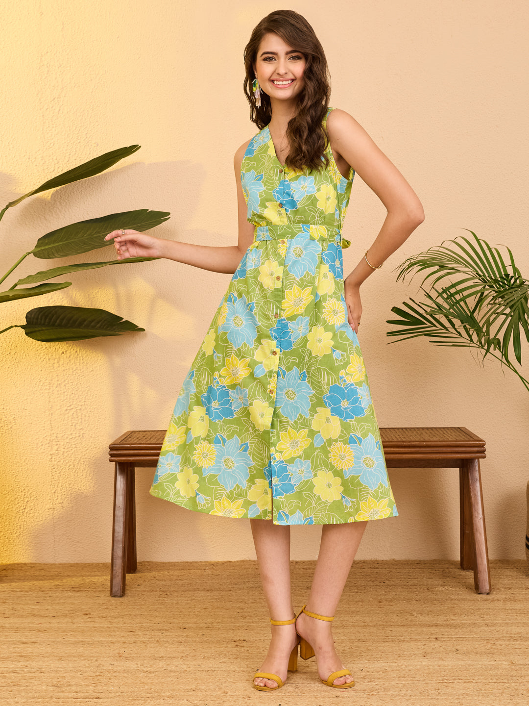 Janasya Women's Green Pure Cotton Floral Printed A-line Tie-up Dress