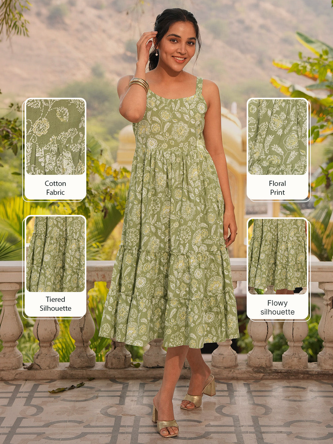 Janasya Women's Sage Green Pure Cotton Floral Printed Tiered Dress
