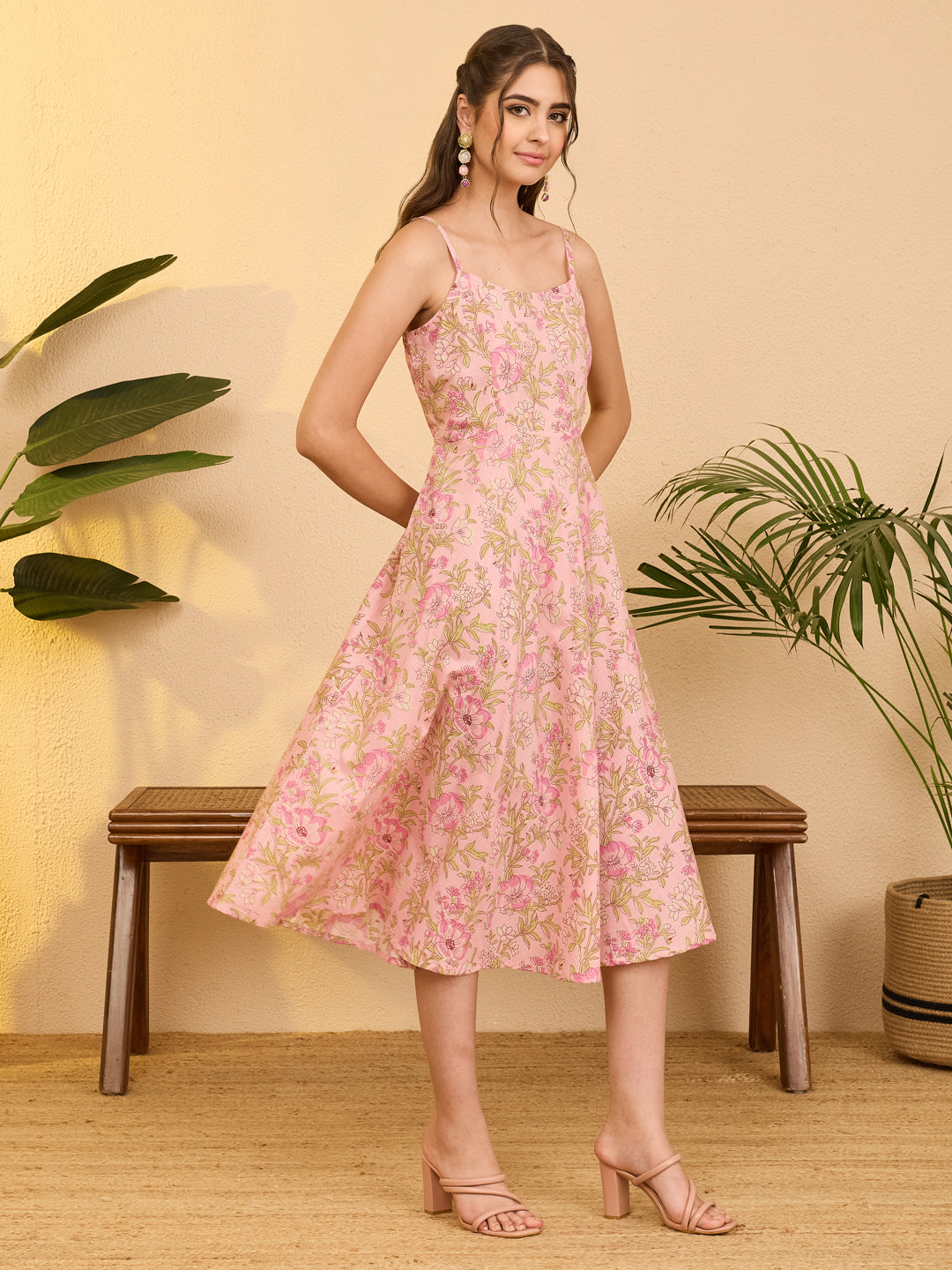 Janasya Women's Rose Pink Pure Cotton Floral Printed A-line Dress