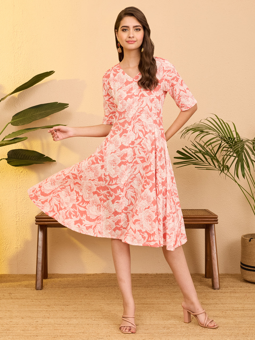 Janasya Women's Coral Pure Cotton Floral Printed A-line Flared Dress