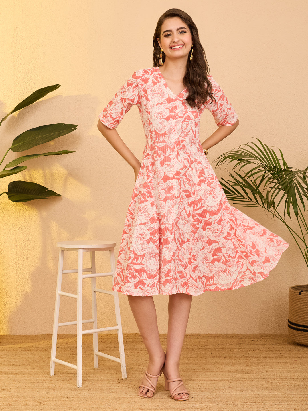Janasya Women's Coral Pure Cotton Floral Printed A-line Flared Dress