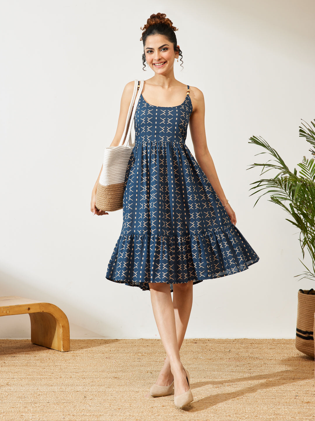 Janasya Women's Navy Blue Pure Cotton Abstract Printed A-line Dress