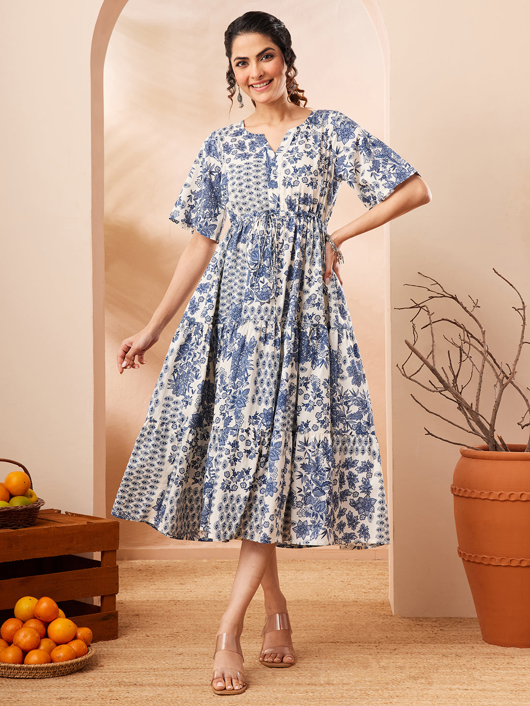 Janasya Women's Blue Pure Cotton Floral Printed Fit & Flare Dress – Product  Video