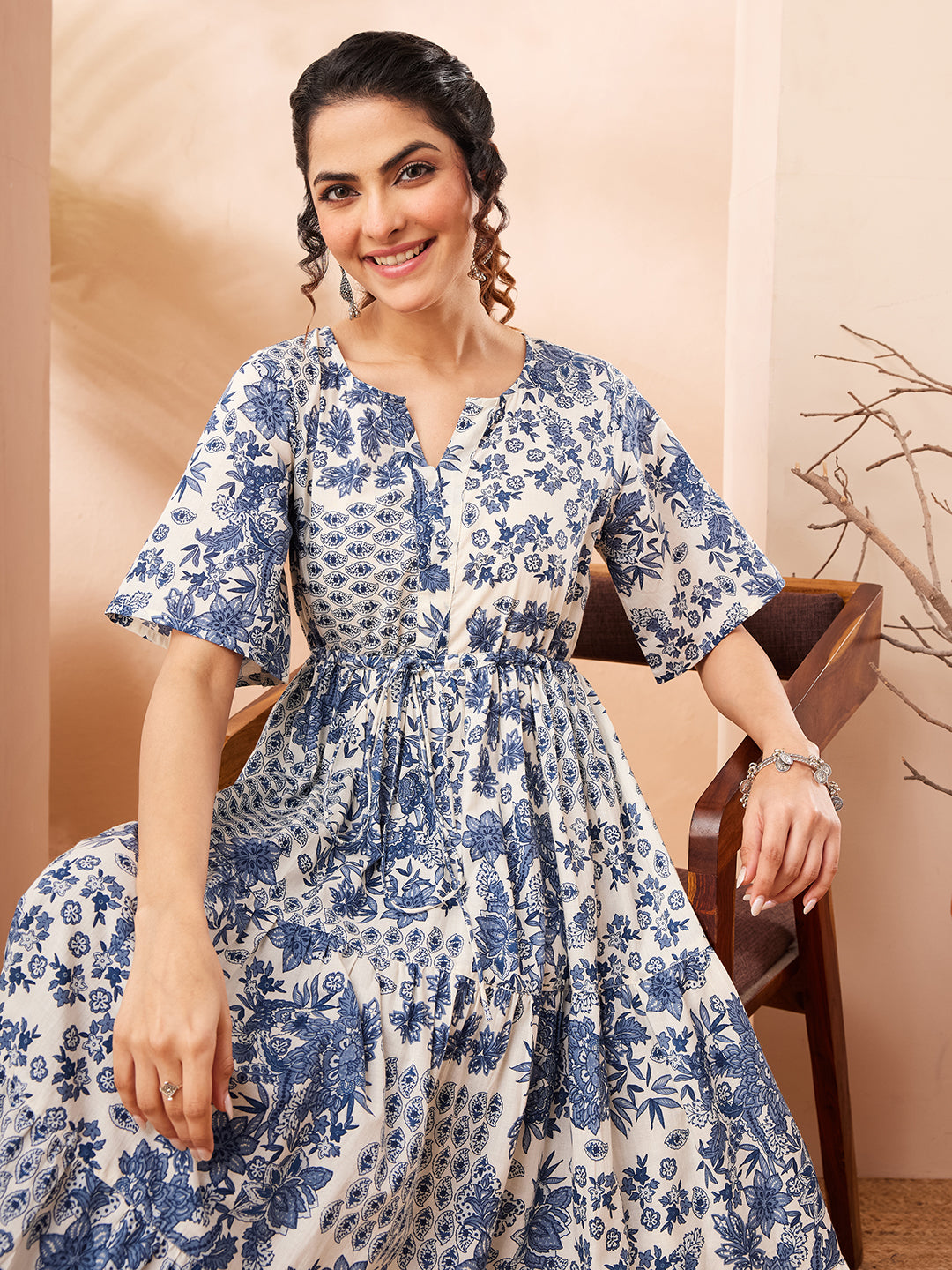 Janasya Women's Blue Pure Cotton Floral Printed Fit & Flare Dress