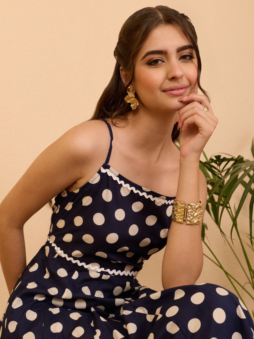 Janasya Women's Navy Blue Pure Cotton Polka Printed A-line Dress